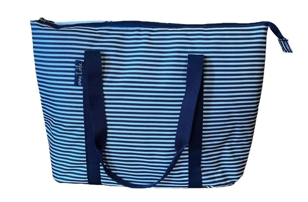Emma & Chloe Cooler Bag Navy White Striped 18” Wide Zips Close EUC